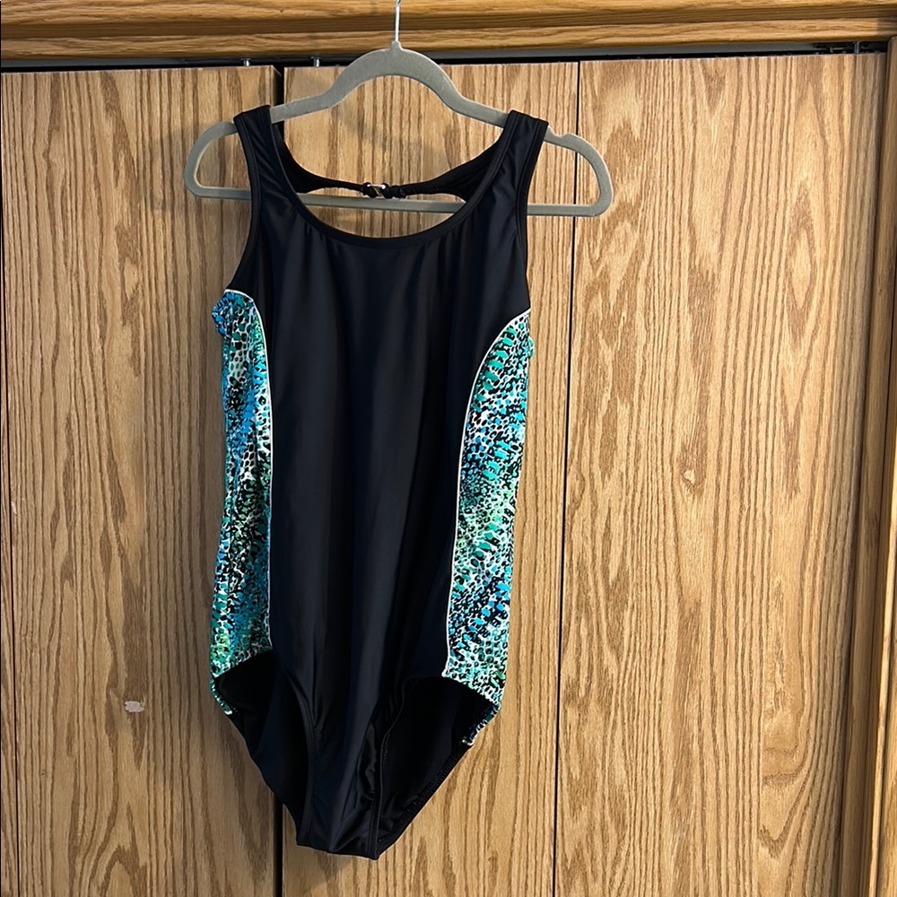 Catalina 1X Black Swimsuit with Blue and Green Animal Print Accent